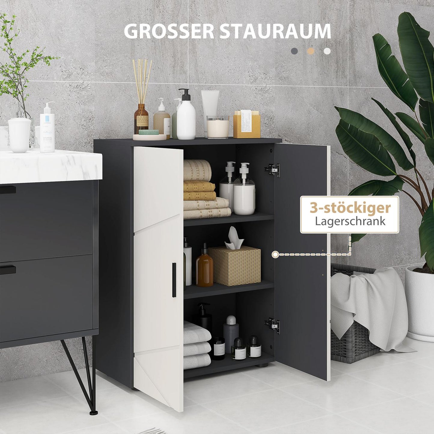 Gray bathroom cabinet with double doors and adjustable shelves