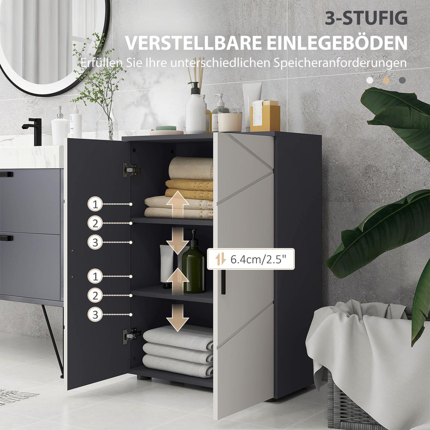 Gray bathroom cabinet with double doors and adjustable shelves