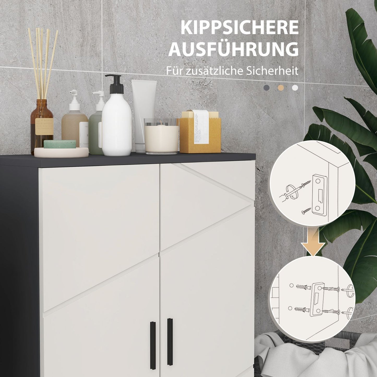 Gray bathroom cabinet with double doors and adjustable shelves