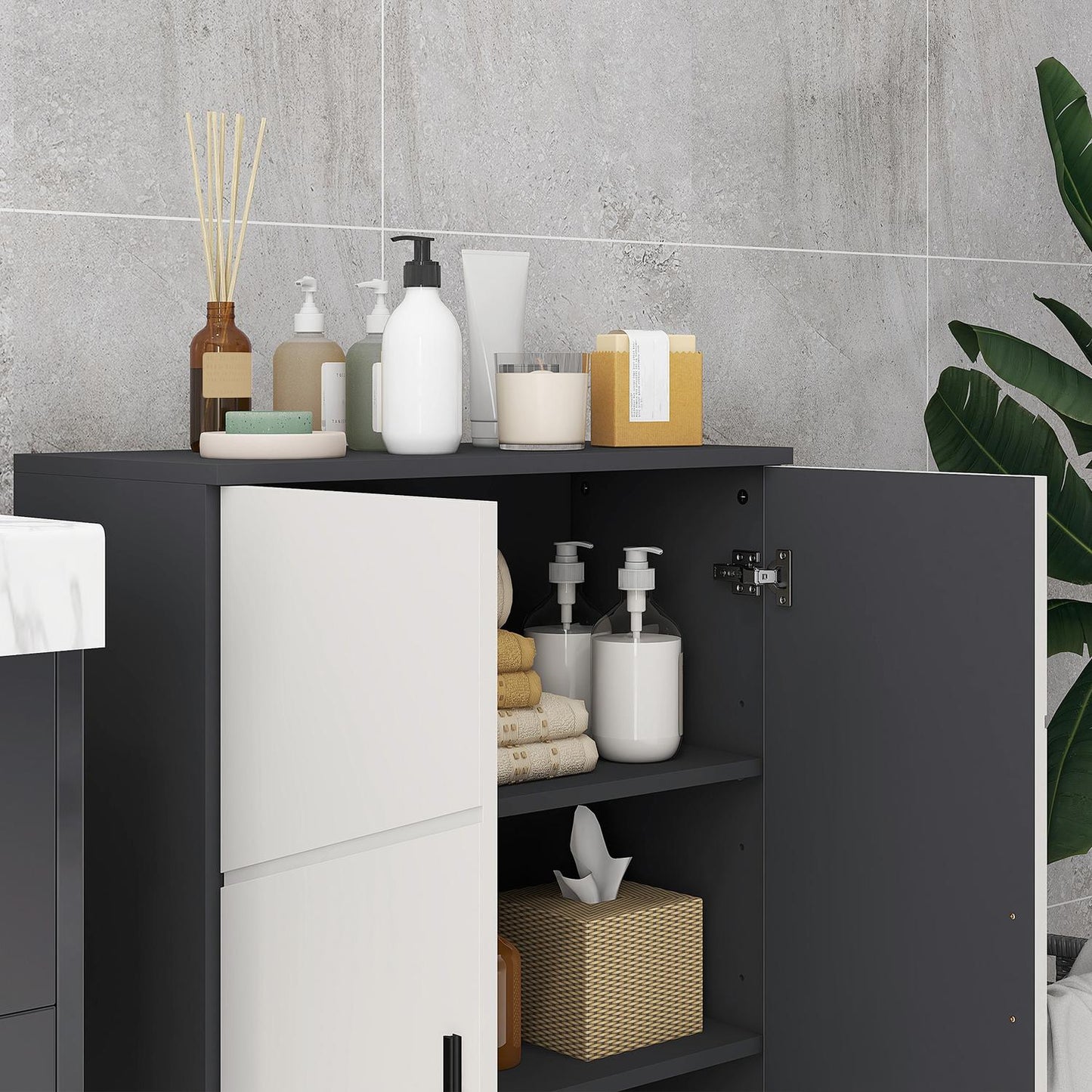 Gray bathroom cabinet with double doors and adjustable shelves