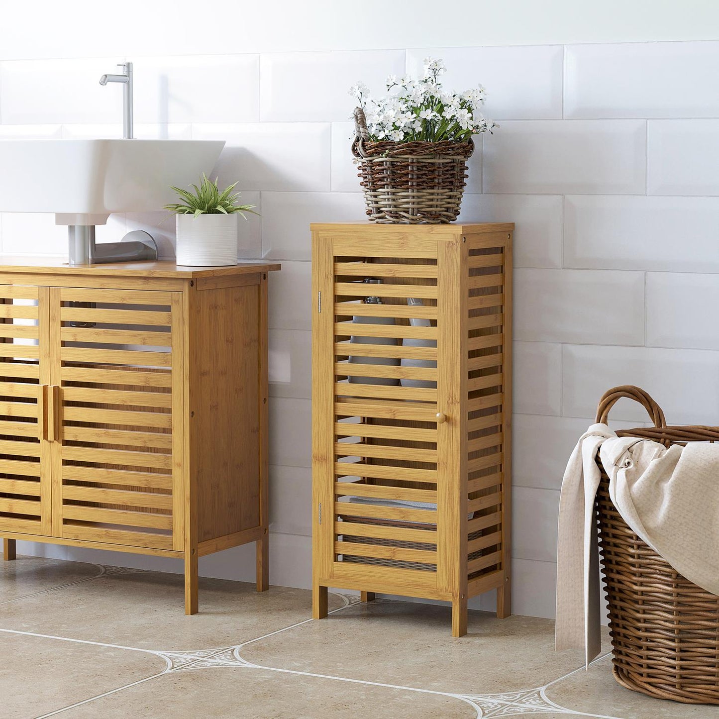 Bathroom side cabinet, slatted door, 2 compartments, 30x20x70 cm