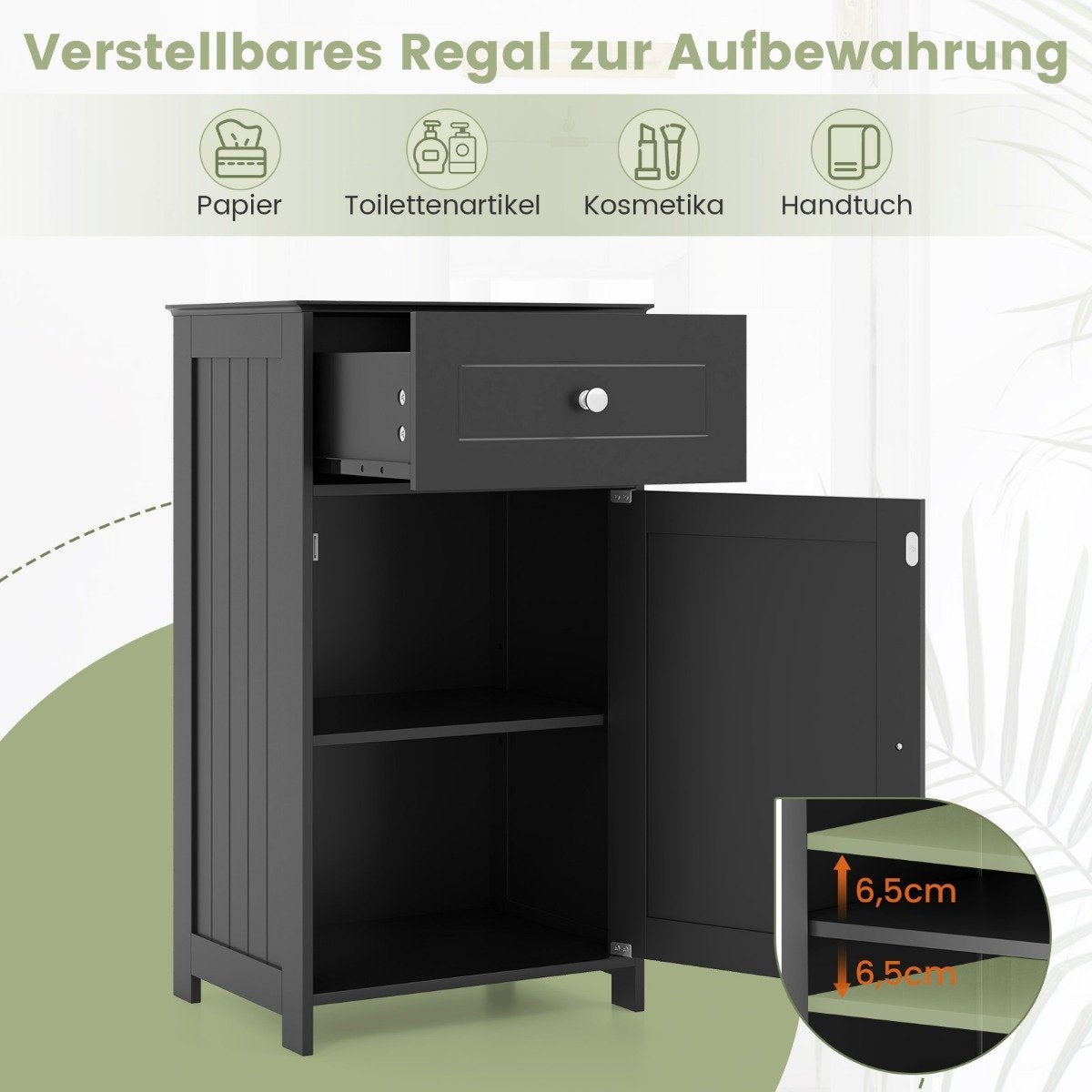 Bathroom cabinet, slim with drawer and door, 43 x 34 x 77 cm, black