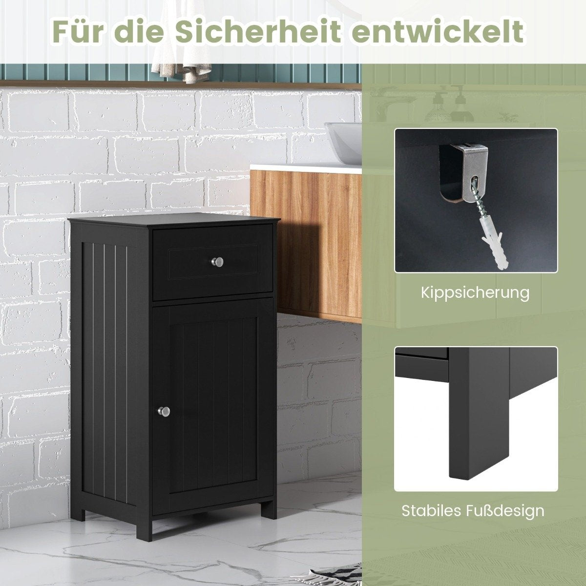 Bathroom cabinet, slim with drawer and door, 43 x 34 x 77 cm, black