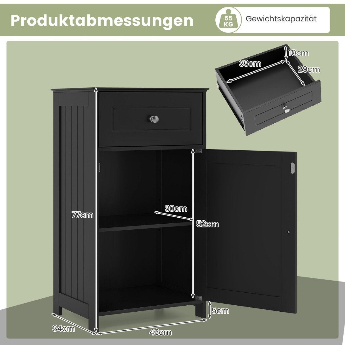 Bathroom cabinet, slim with drawer and door, 43 x 34 x 77 cm, black
