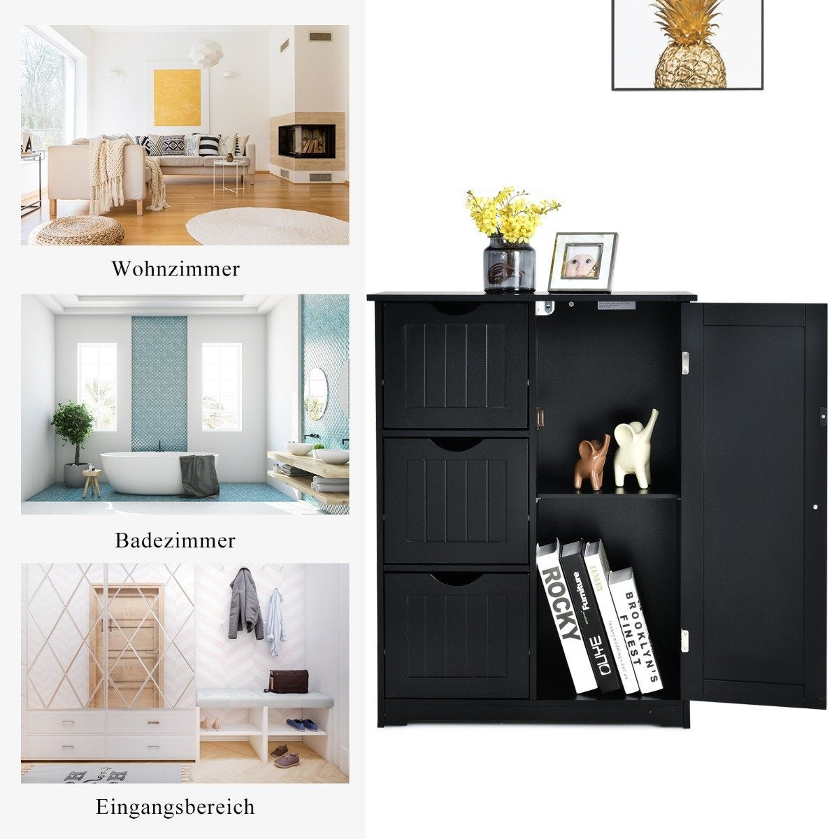 Bathroom cabinet storage cabinet with 3 drawers 60 x 30 x 81 cm black