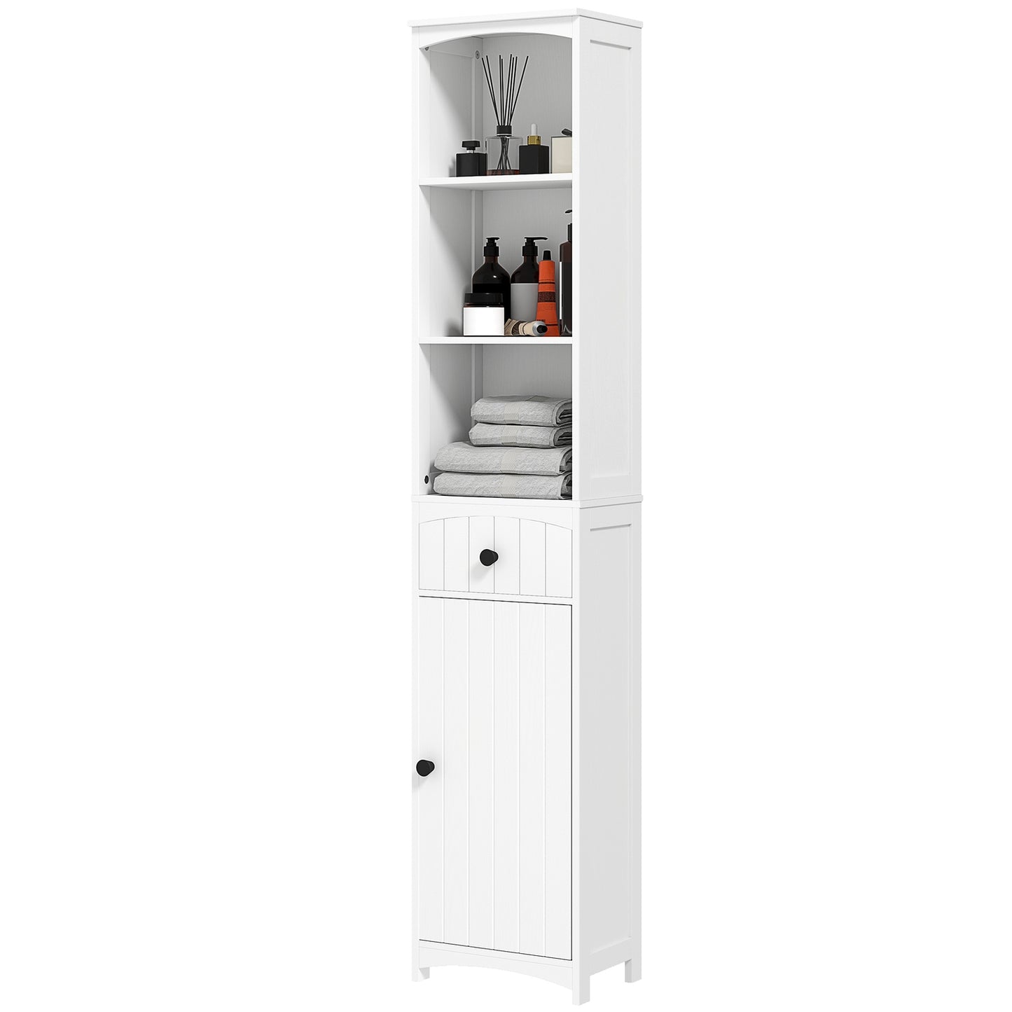 Tall white bathroom cabinet with 3 shelves & drawer