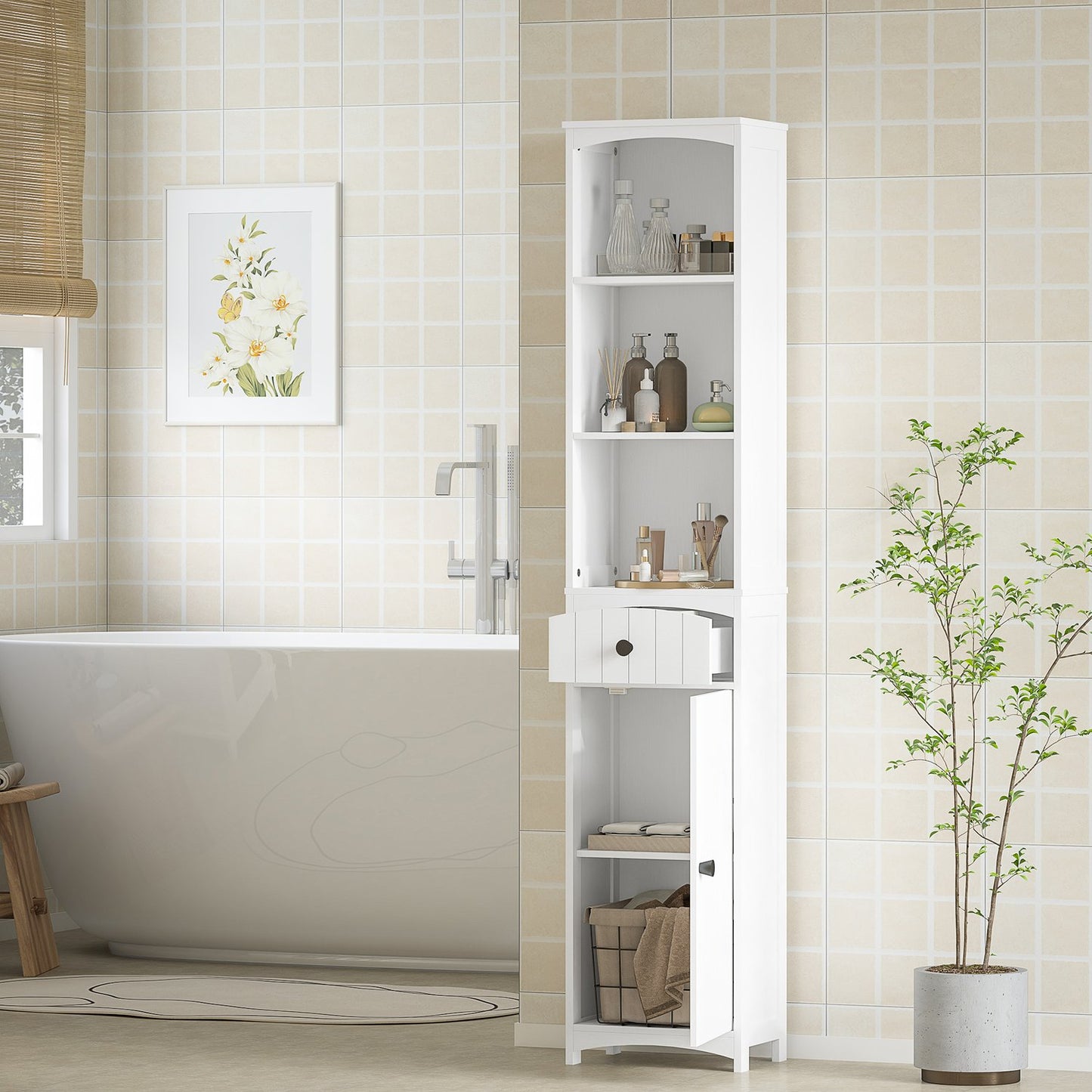 Tall white bathroom cabinet with 3 shelves & drawer