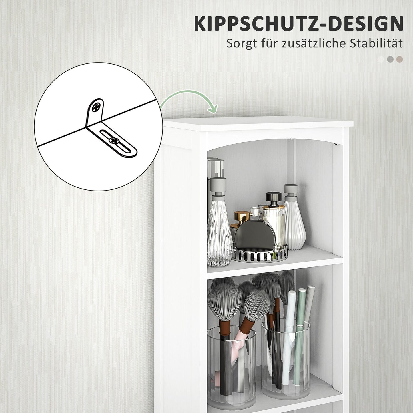 Tall white bathroom cabinet with 3 shelves & drawer