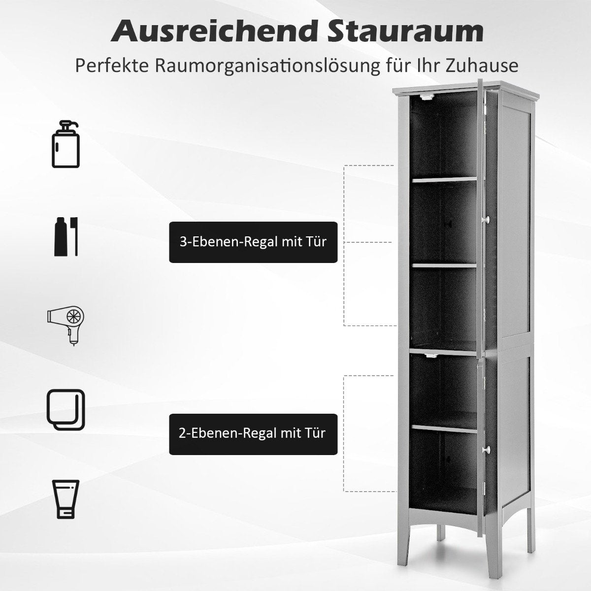 Bathroom cabinet with 5 compartments & 2 louvre doors & shelves & anti-tilt device Narrow tall cabinet Black