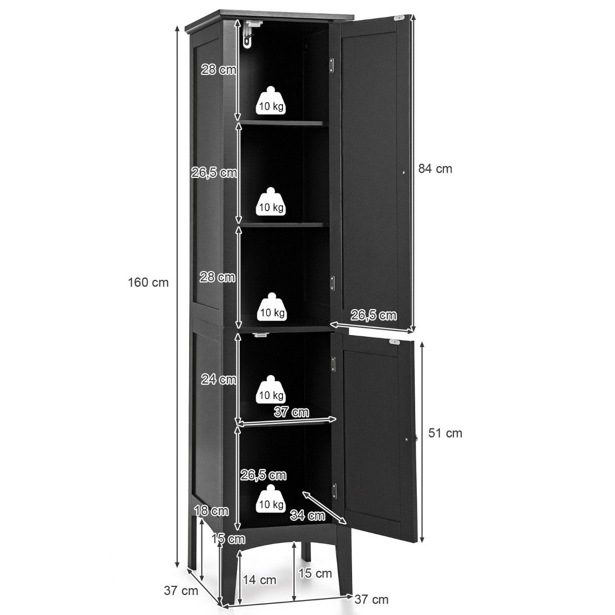 Bathroom cabinet with 5 compartments & 2 louvre doors & shelves & anti-tilt device Narrow tall cabinet Black