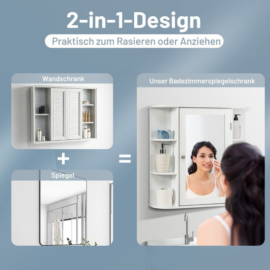 Bathroom cabinet with mirror, 4 compartments and 6 open shelves, bathroom cabinet, mirror cabinet, wall cabinet, white, 65 x 17 x 63 cm