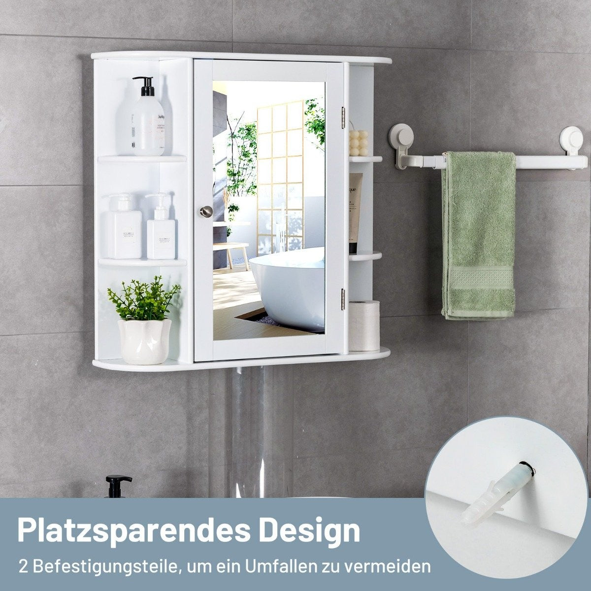 Bathroom cabinet with mirror, 4 compartments and 6 open shelves, bathroom cabinet, mirror cabinet, wall cabinet, white, 65 x 17 x 63 cm