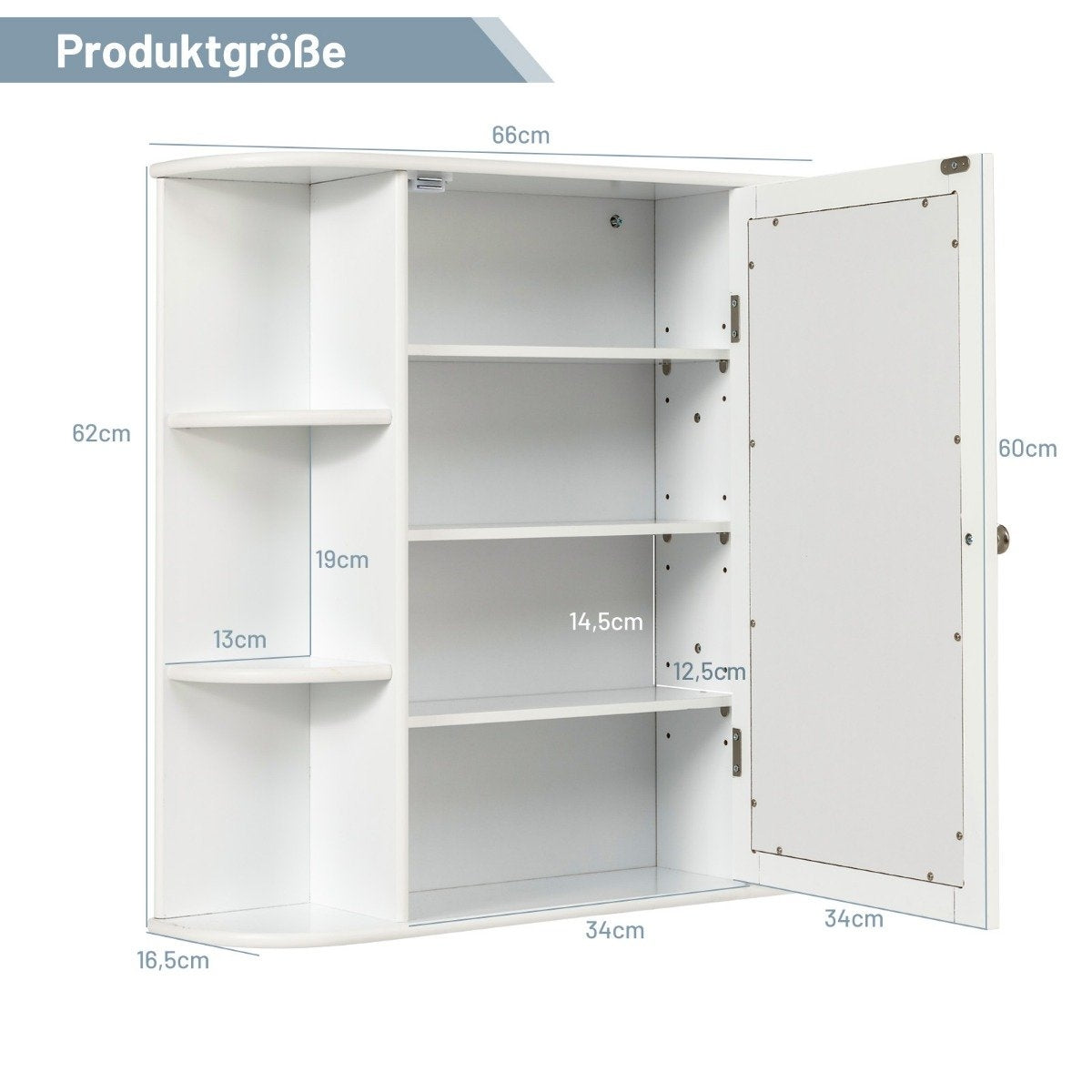Bathroom cabinet with mirror, 4 compartments and 6 open shelves, bathroom cabinet, mirror cabinet, wall cabinet, white, 65 x 17 x 63 cm