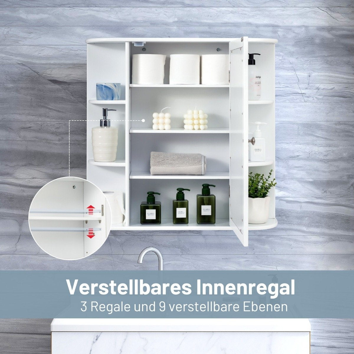 Bathroom cabinet with mirror, 4 compartments and 6 open shelves, bathroom cabinet, mirror cabinet, wall cabinet, white, 65 x 17 x 63 cm