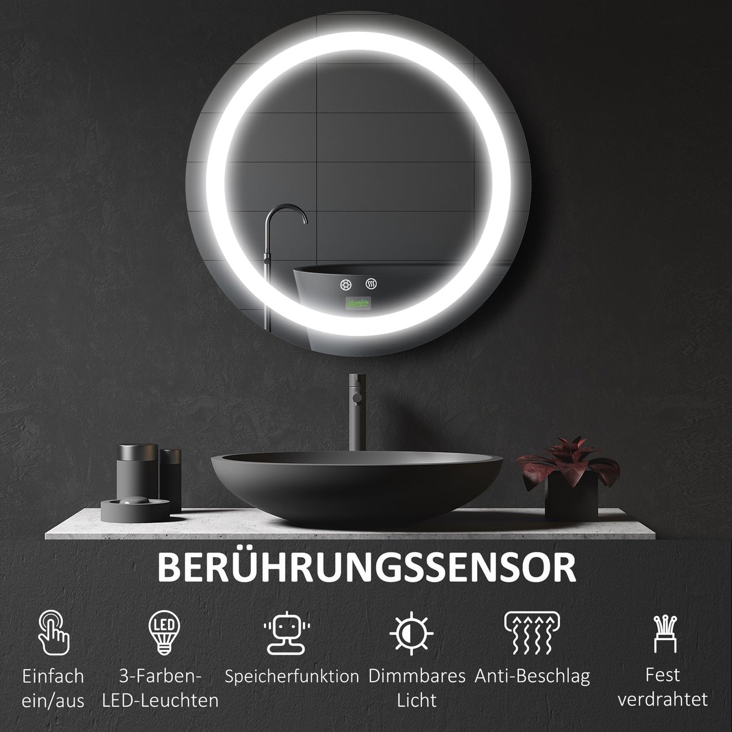 LED Bathroom Mirror, Ø50 cm, Anti-Fog, Touch & Memory Function