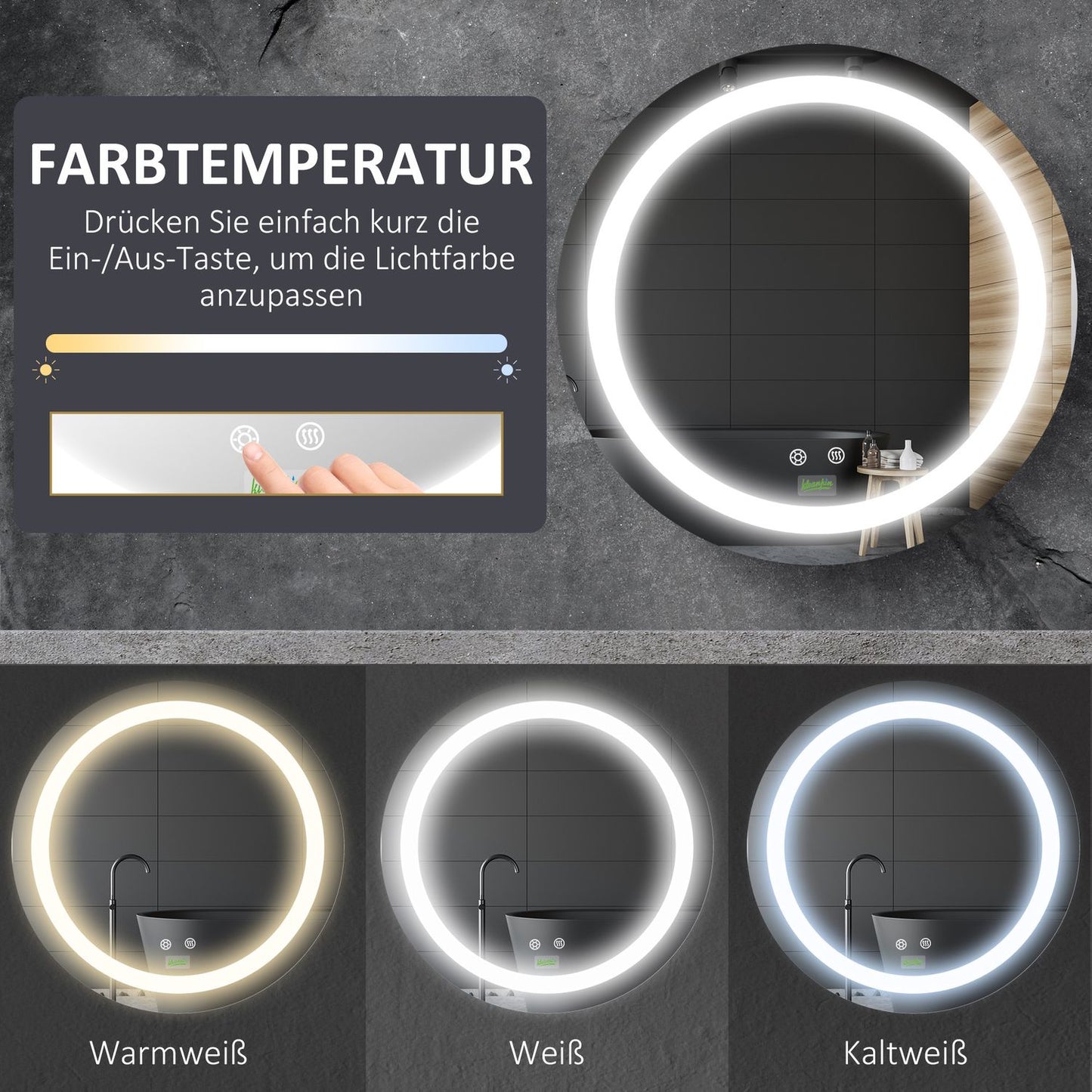 LED Bathroom Mirror, Ø50 cm, Anti-Fog, Touch & Memory Function