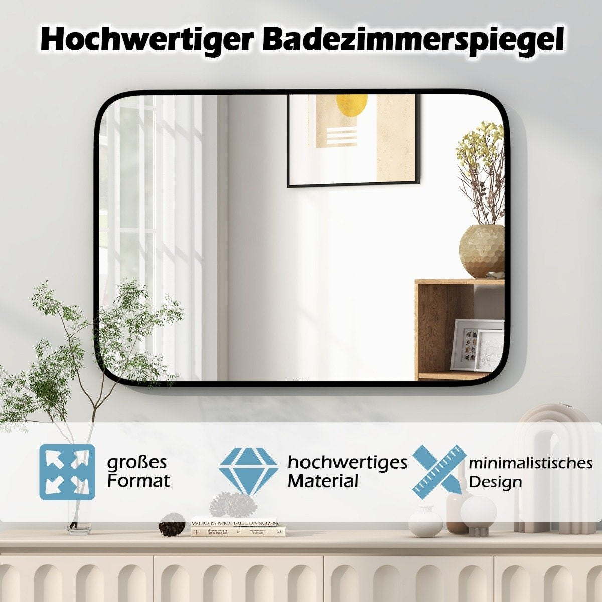 Bathroom mirror 70 x 50 cm large cosmetic mirror with shatterproof film rectangular