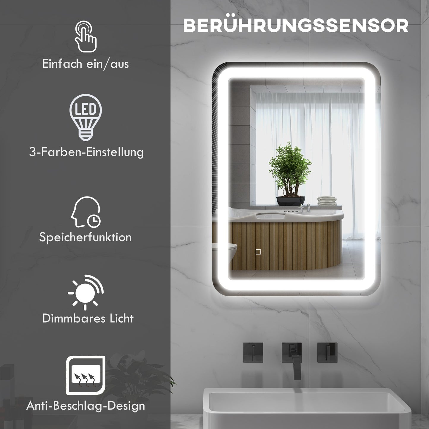 LED Bathroom Mirror, 50x70cm, Anti-Fog, Touch Switch