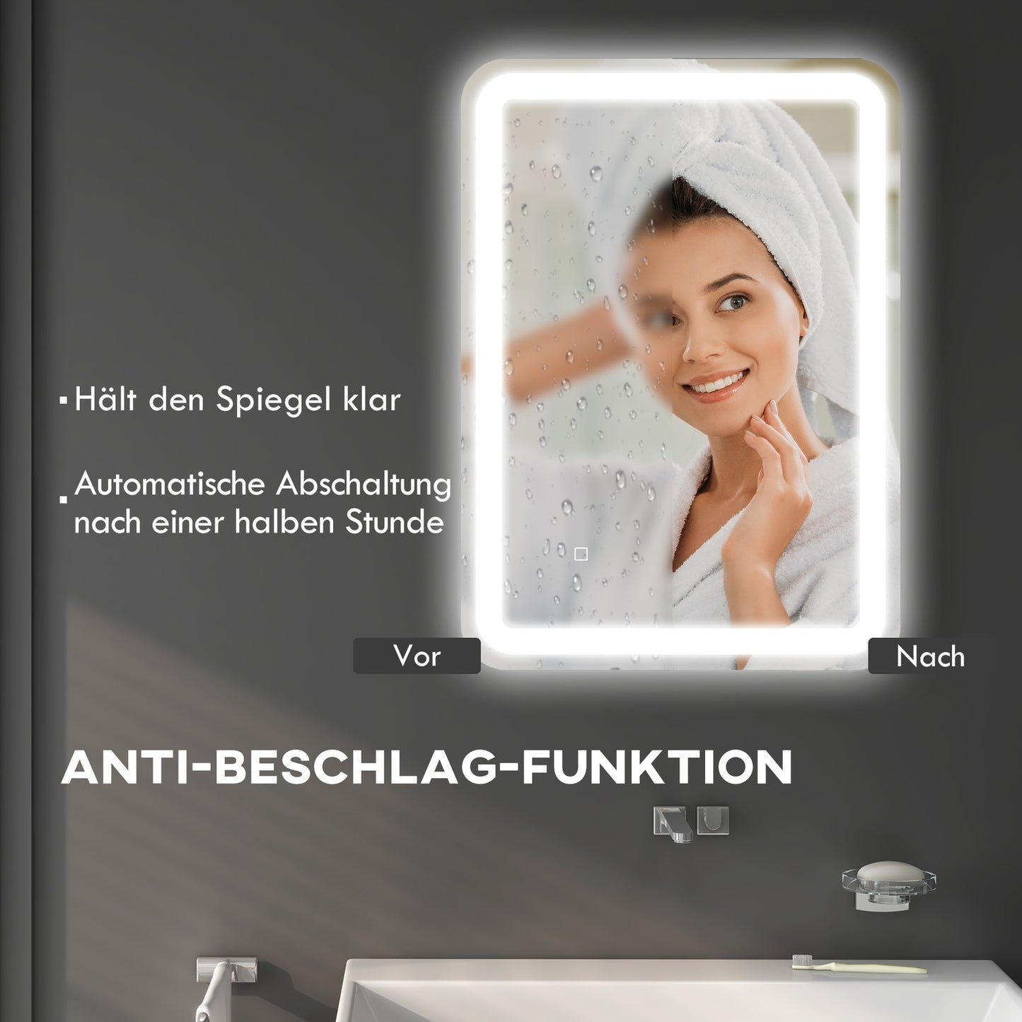 LED Bathroom Mirror, 50x70cm, Anti-Fog, Touch Switch
