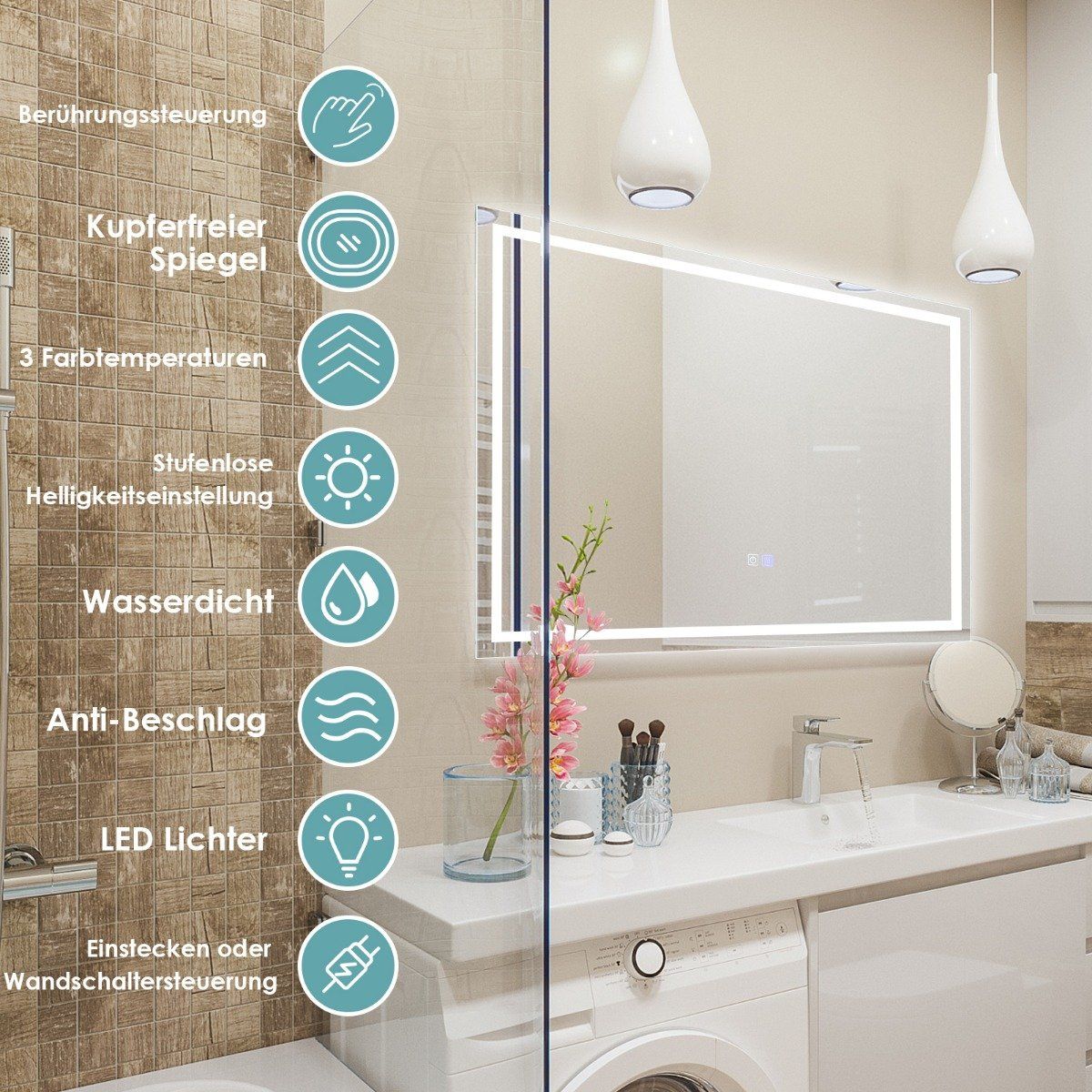 Bathroom mirror LED mirror with adjustable brightness and color temperature 80 x 60 cm
