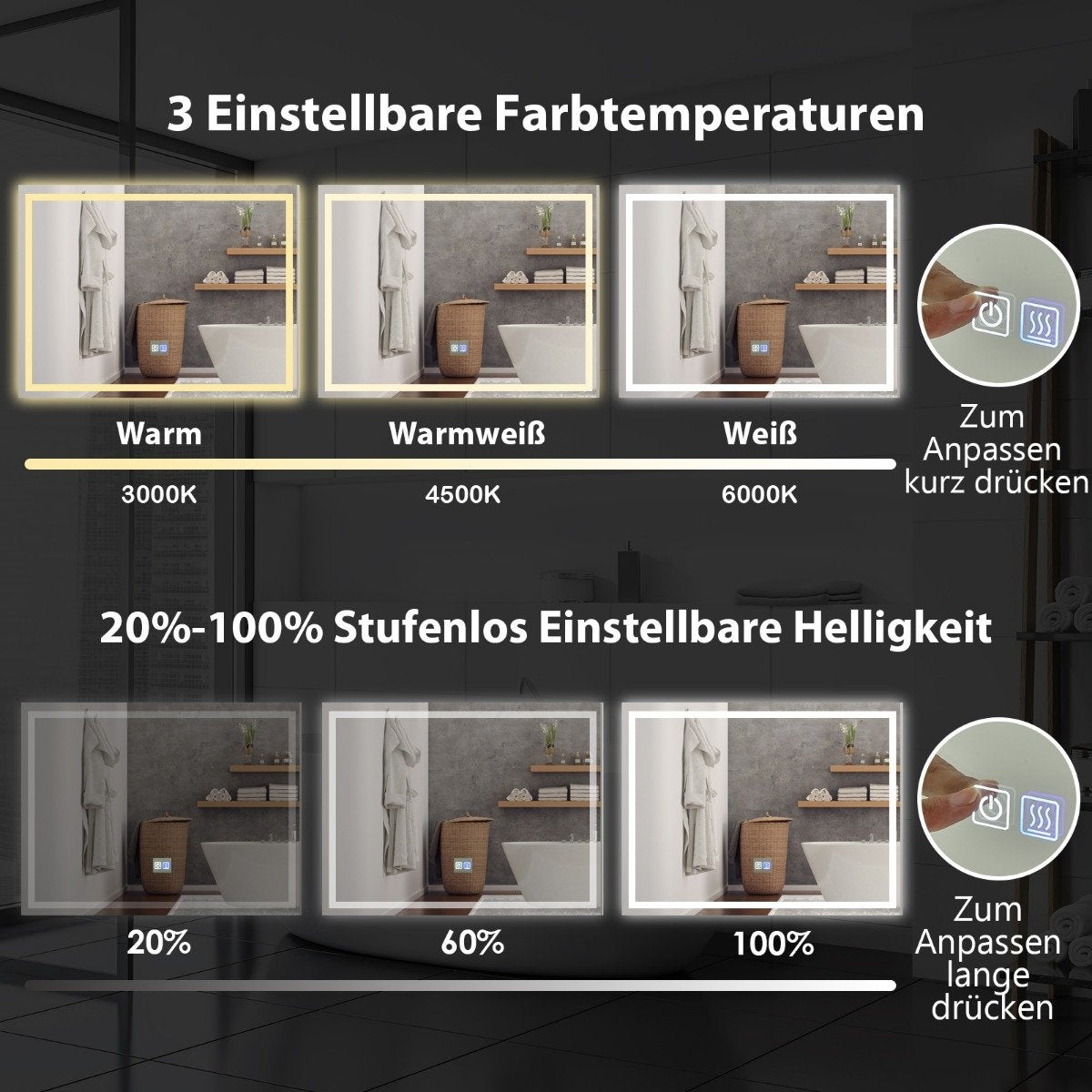 Bathroom mirror LED mirror with adjustable brightness and color temperature 80 x 60 cm