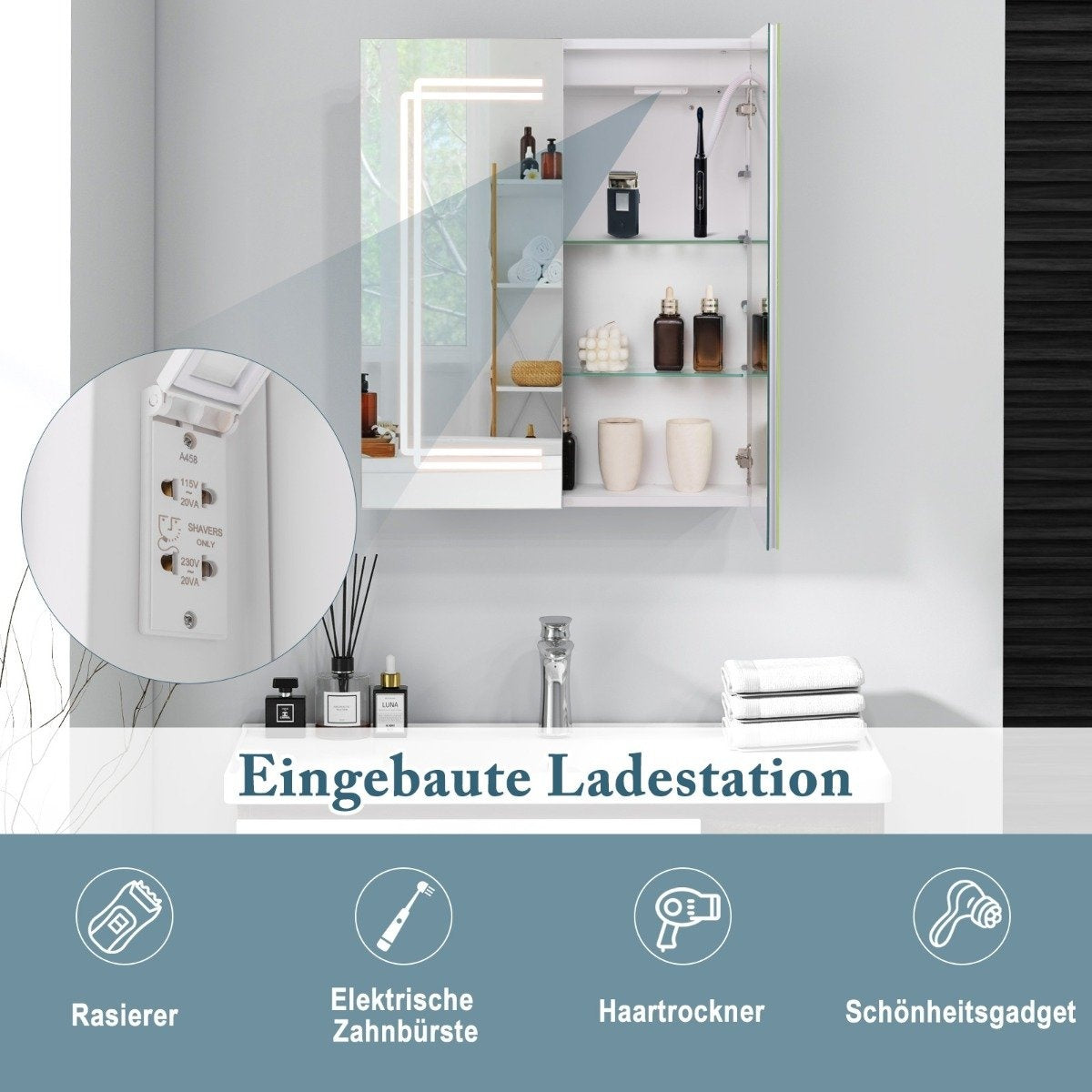 Bathroom mirror cabinet with lighting & 2 sockets & double doors anti-fog wall cabinet