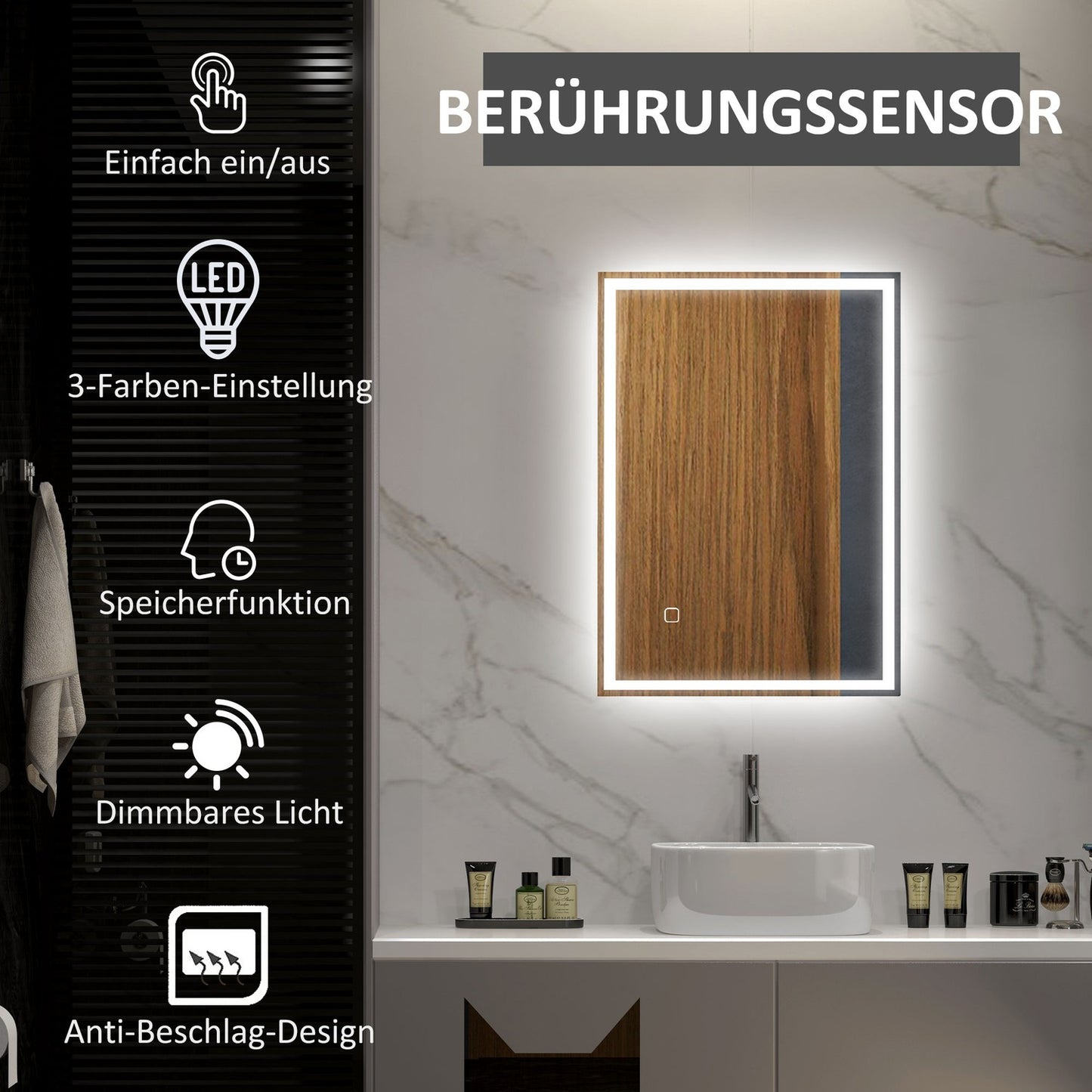 LED Bathroom Mirror, Touch Sensor, Anti-Fog, 50x70 cm