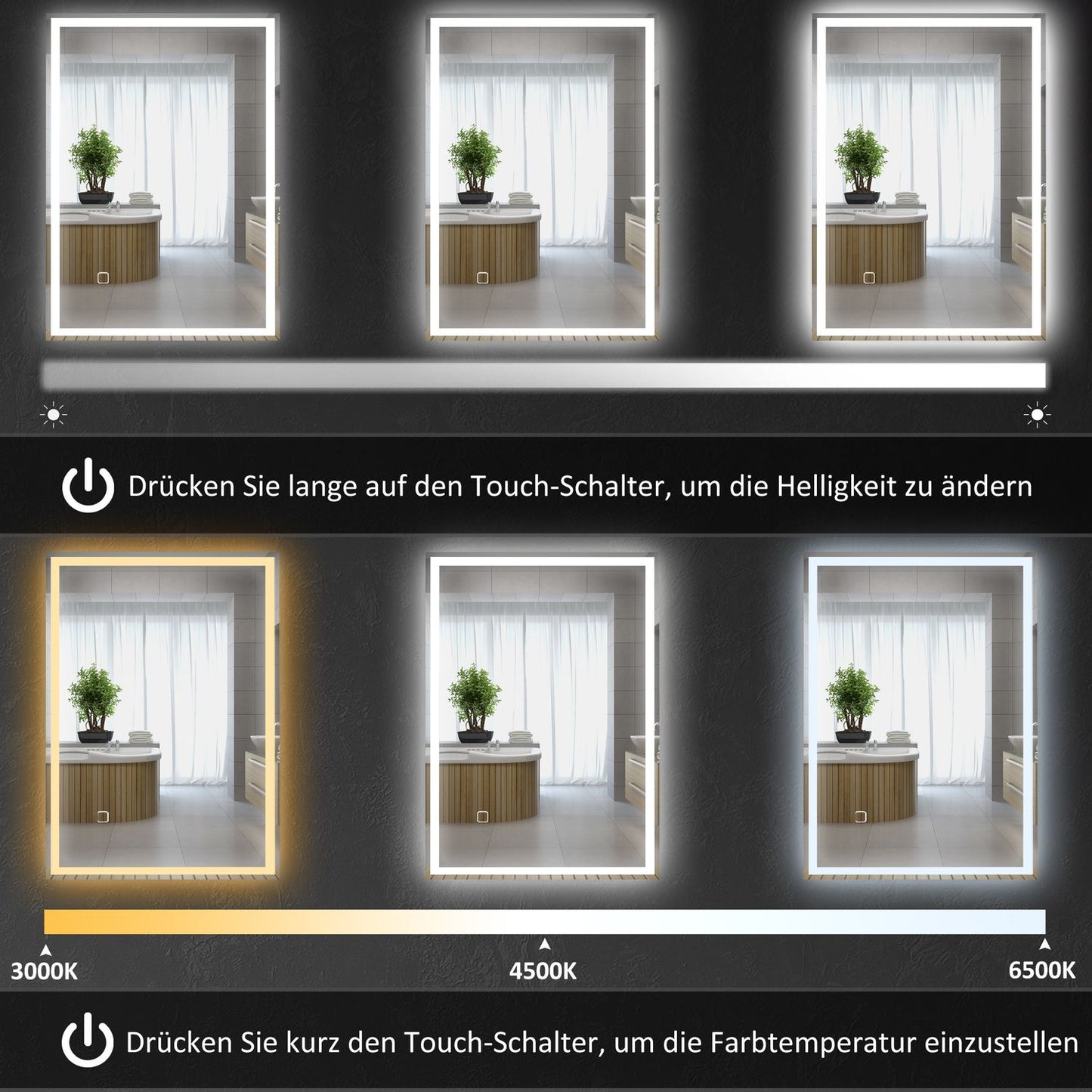 LED Bathroom Mirror, Touch Sensor, Anti-Fog, 50x70 cm