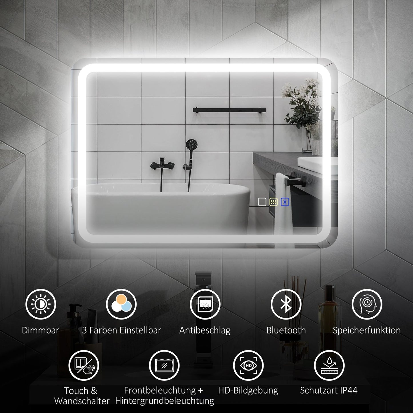 LED Bathroom Mirror, Anti-Fog, 3 Colors, 700x900 mm