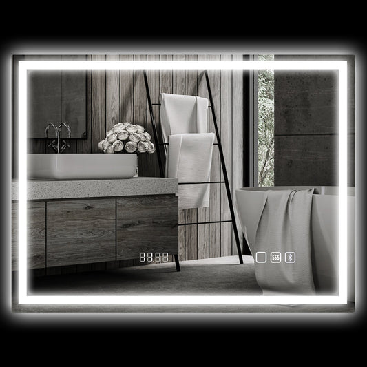 Bathroom mirror with LED lighting, anti-fog pad, 3 adjustable colors, clock, 600 x 800 mm, silver