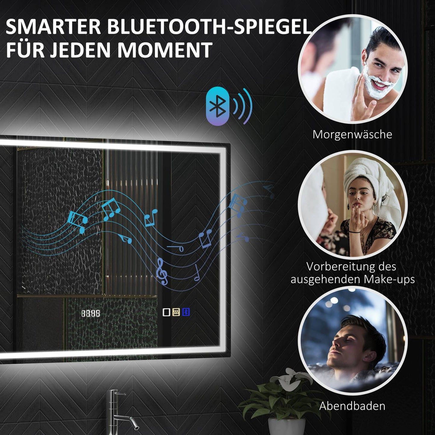 Bathroom mirror with LED lighting, anti-fog pad, 3 adjustable colors, clock, 600 x 800 mm, silver
