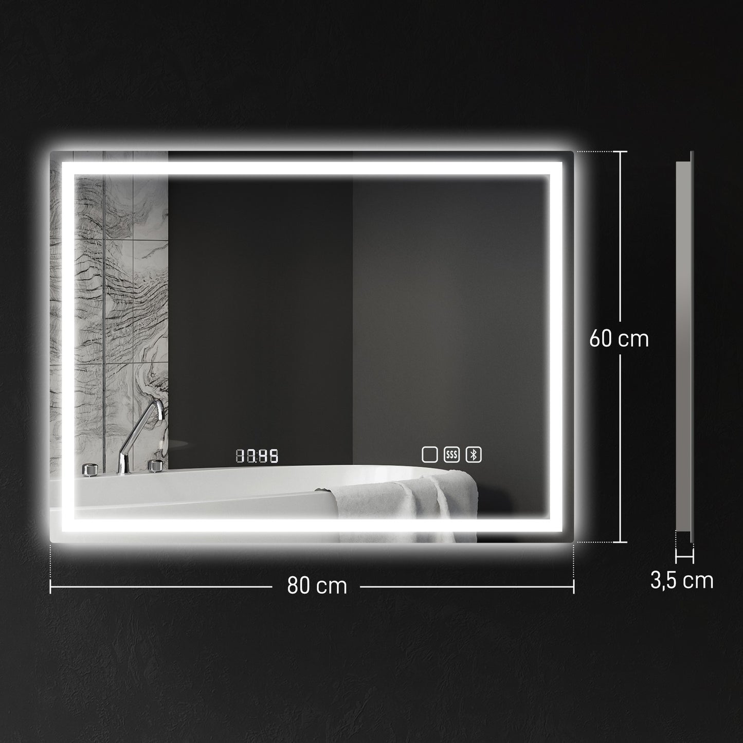 Bathroom mirror with LED lighting, anti-fog pad, 3 adjustable colors, clock, 600 x 800 mm, silver