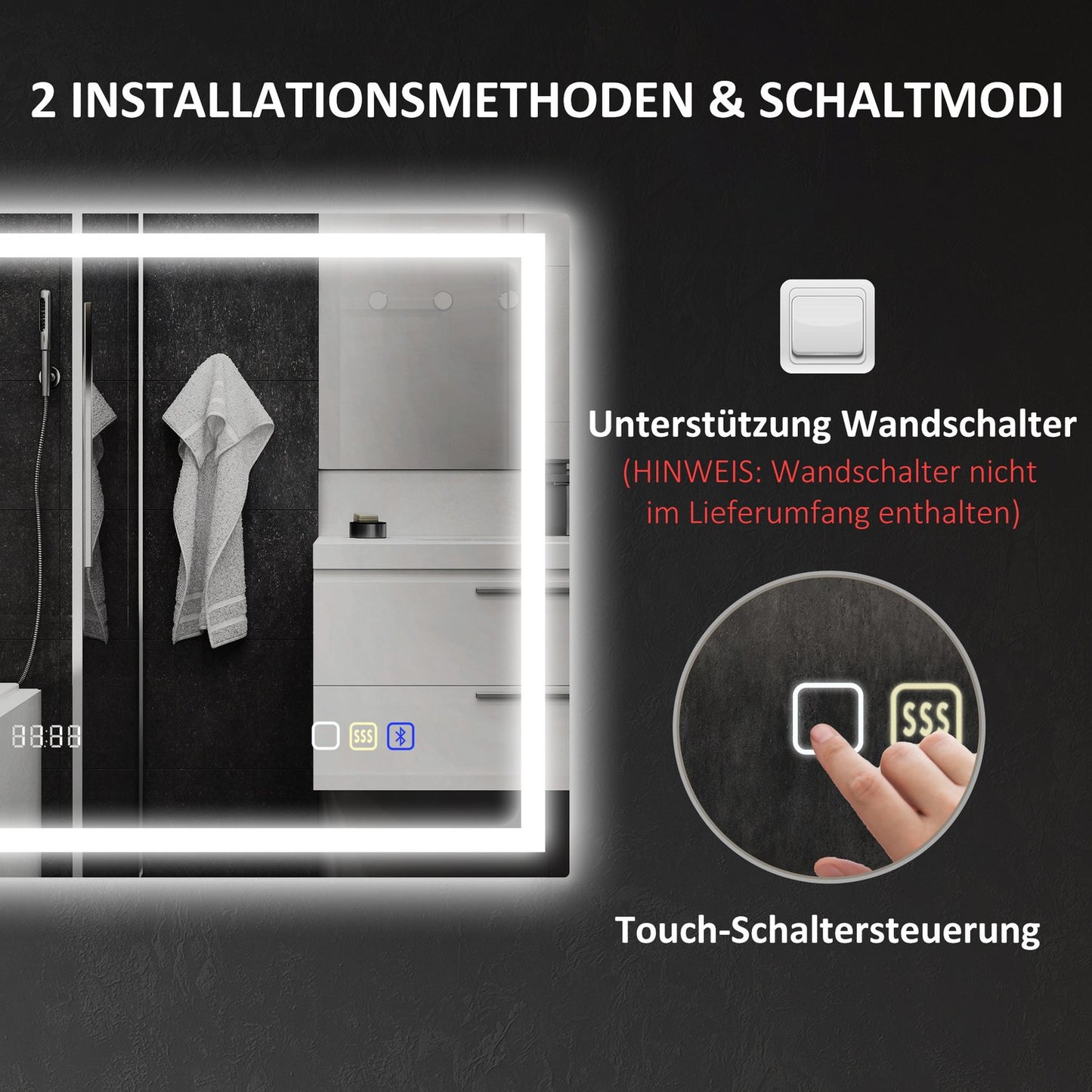 Bathroom mirror with LED lighting, anti-fog pad, 3 adjustable colors, clock, 600 x 800 mm, silver