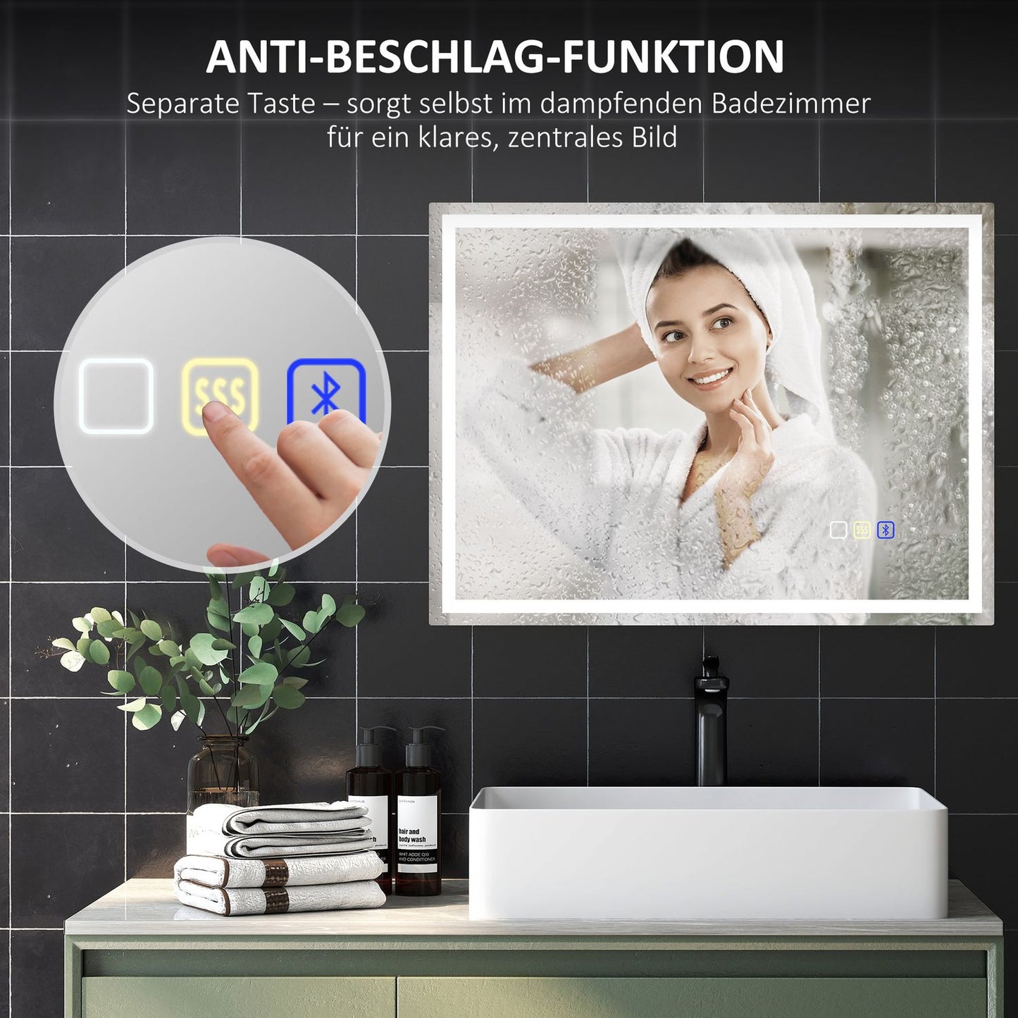Bathroom mirror with LED lighting, anti-fog pad, 3 adjustable colors, clock, 600 x 800 mm, silver
