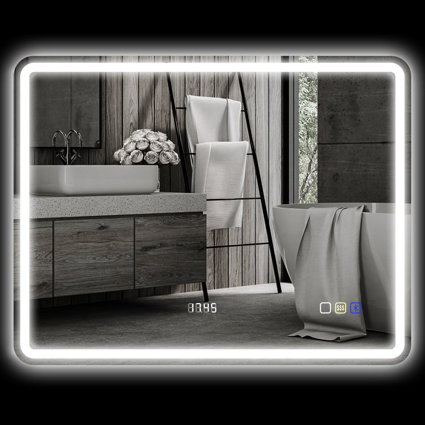 Bathroom mirror with LED lighting, anti-fog pad, 3 adjustable colors, clock, 700 x 900 mm, silver
