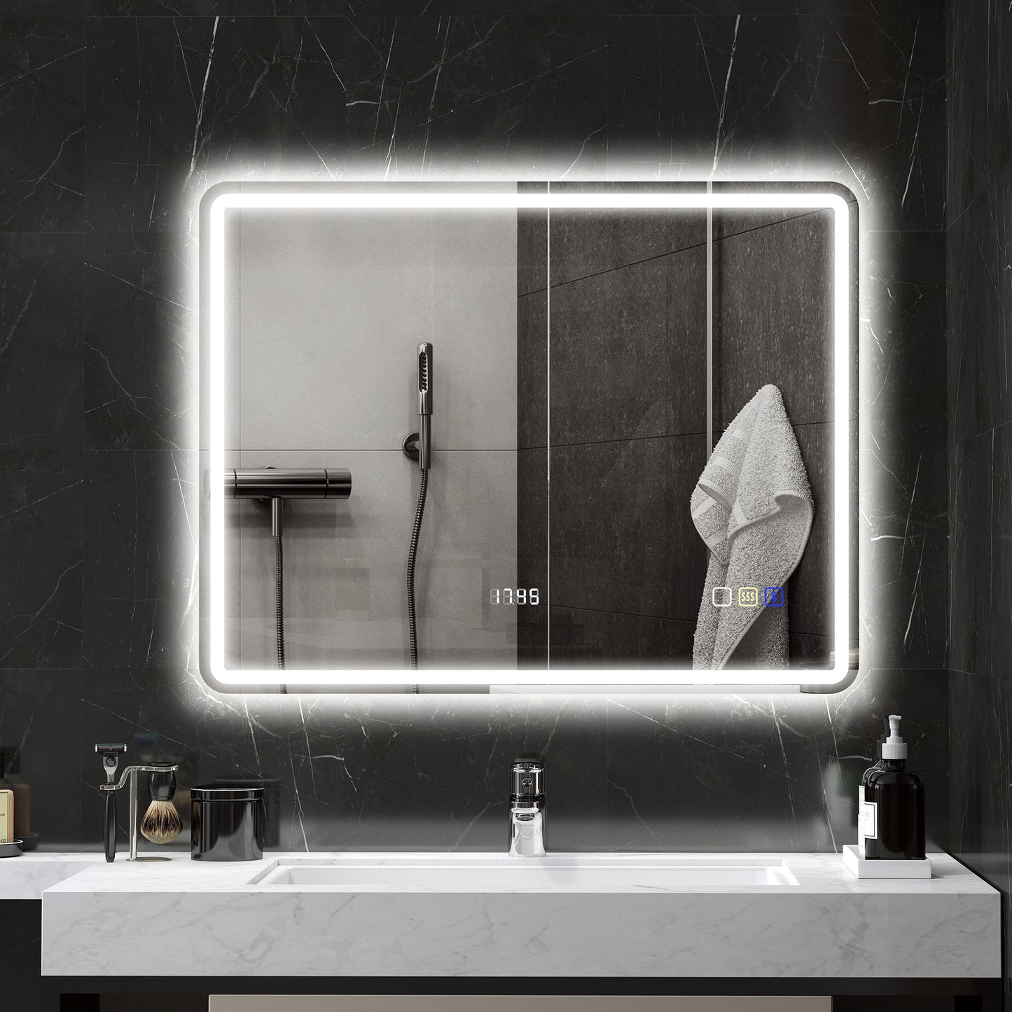 Bathroom mirror with LED lighting, anti-fog pad, 3 adjustable colors, clock, 700 x 900 mm, silver