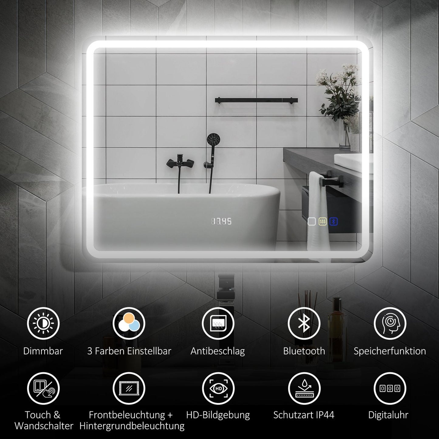 Bathroom mirror with LED lighting, anti-fog pad, 3 adjustable colors, clock, 700 x 900 mm, silver