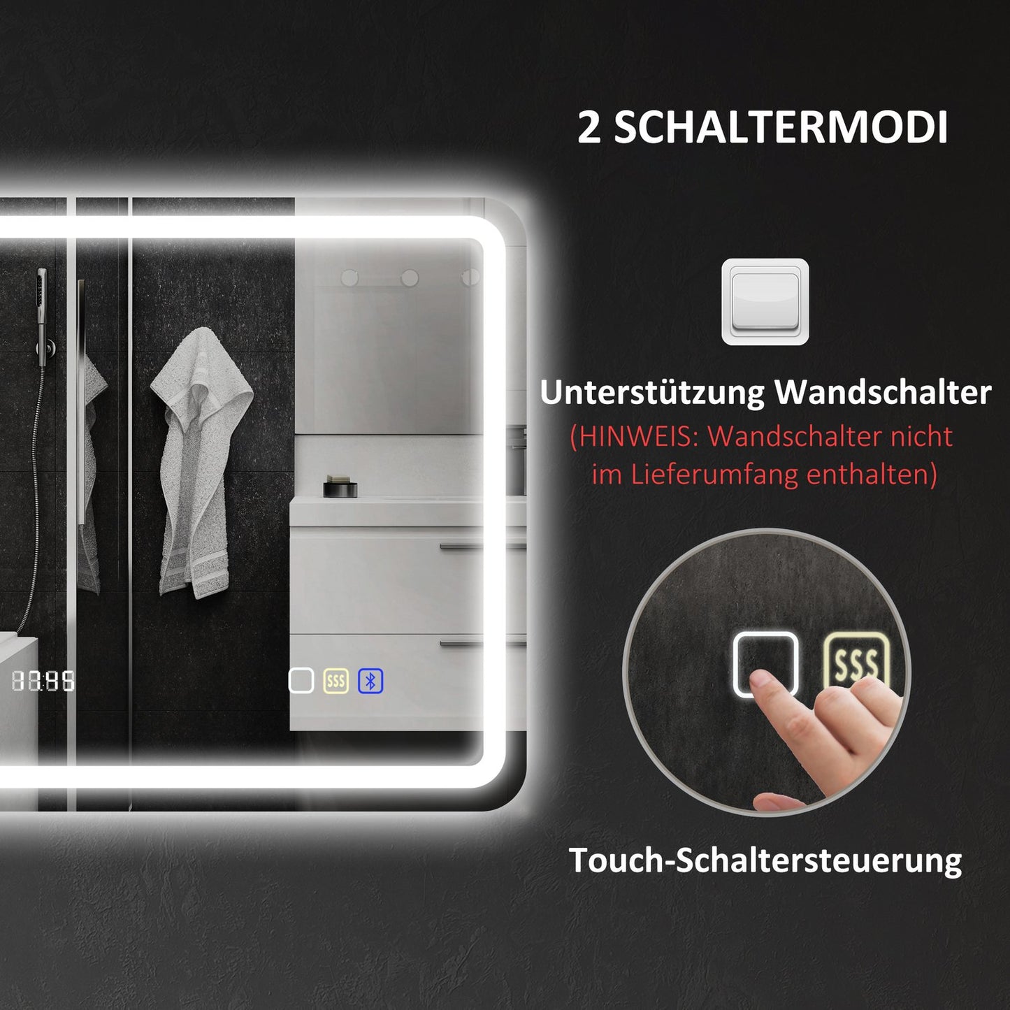 Bathroom mirror with LED lighting, anti-fog pad, 3 adjustable colors, clock, 700 x 900 mm, silver