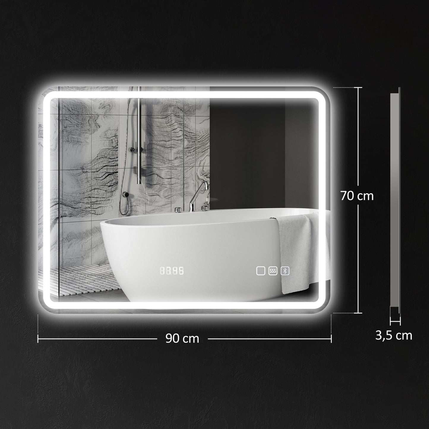 Bathroom mirror with LED lighting, anti-fog pad, 3 adjustable colors, clock, 700 x 900 mm, silver