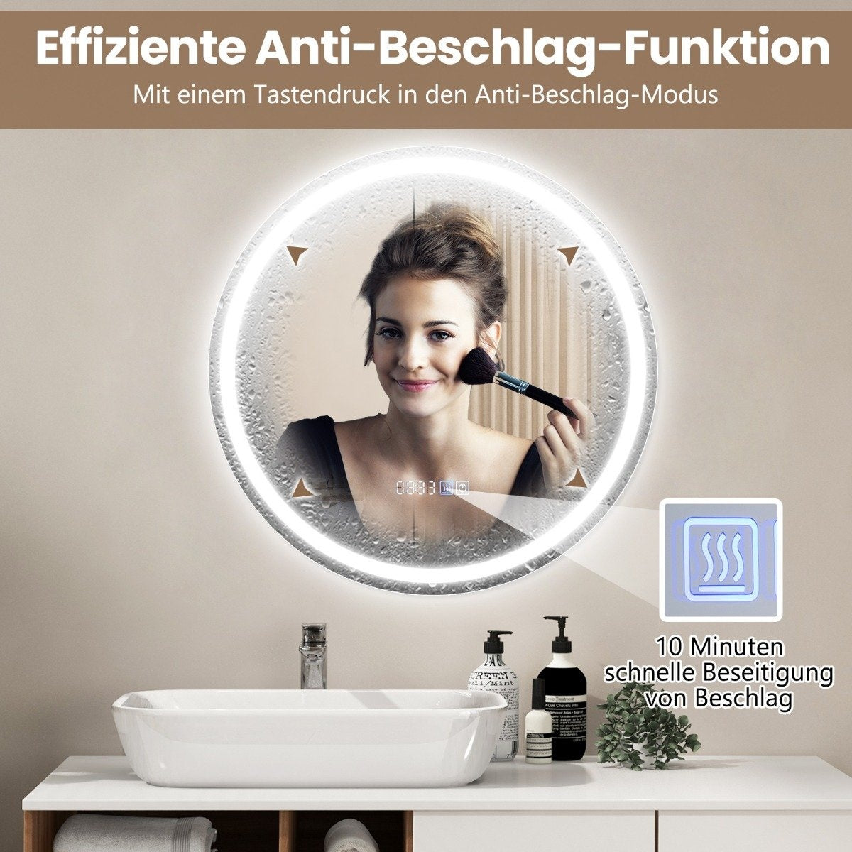 Bathroom mirror with anti-fog clock touch switch & memory function mirror heating LED mirror dimmable 3000K-6000K 60 x 60 cm
