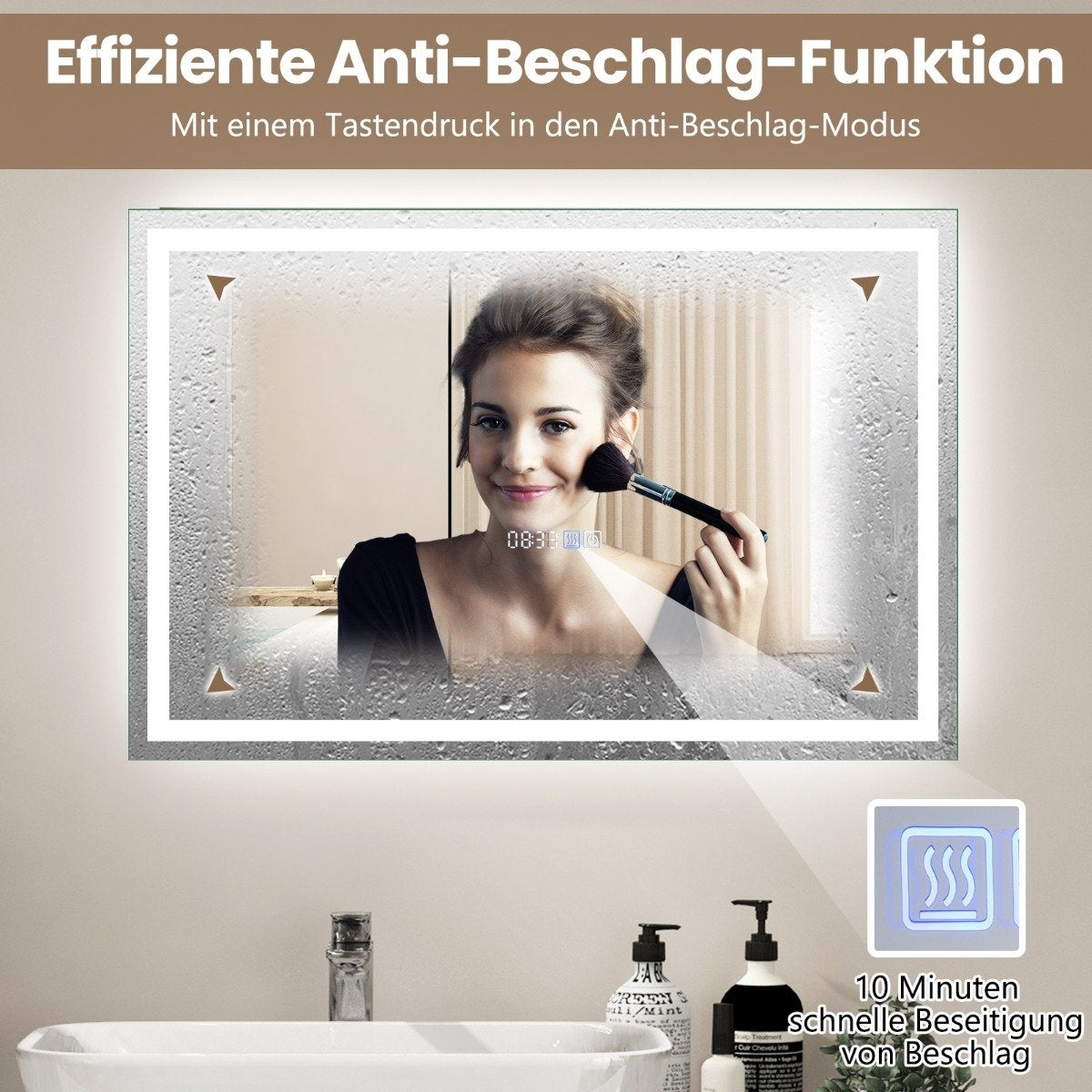 Bathroom mirror with anti-fog clock touch switch & memory function mirror heating LED mirror dimmable 3000K-6000K 75 x 50 cm