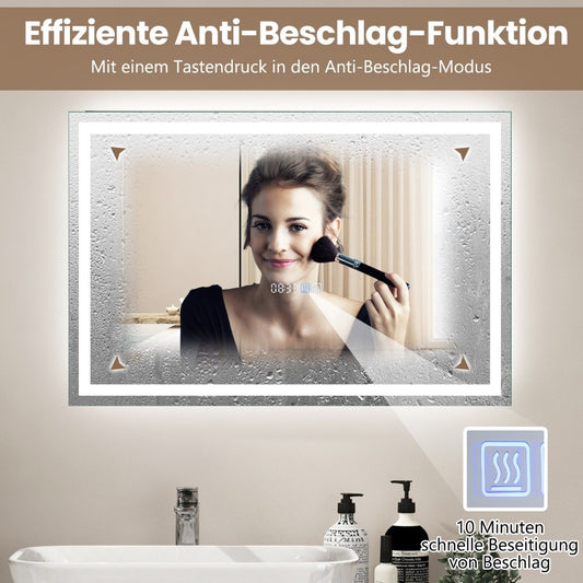 Bathroom mirror with anti-fog clock touch switch & memory function mirror heating LED mirror dimmable 3000K-6000K 75 x 50 cm