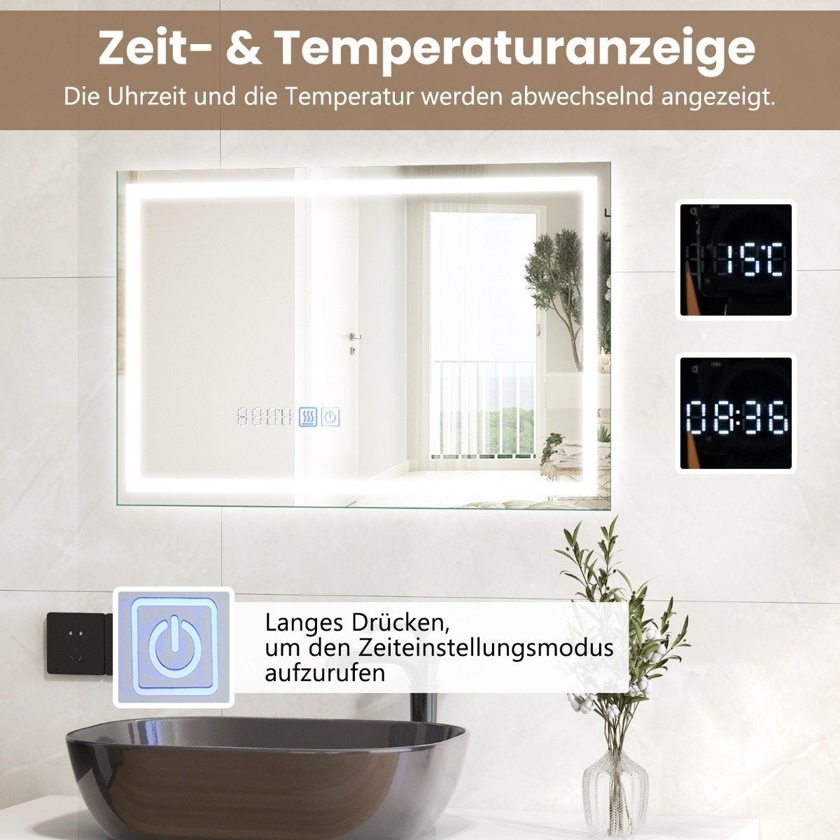 Bathroom mirror with anti-fog clock touch switch & memory function mirror heating LED mirror dimmable 3000K-6000K 75 x 50 cm