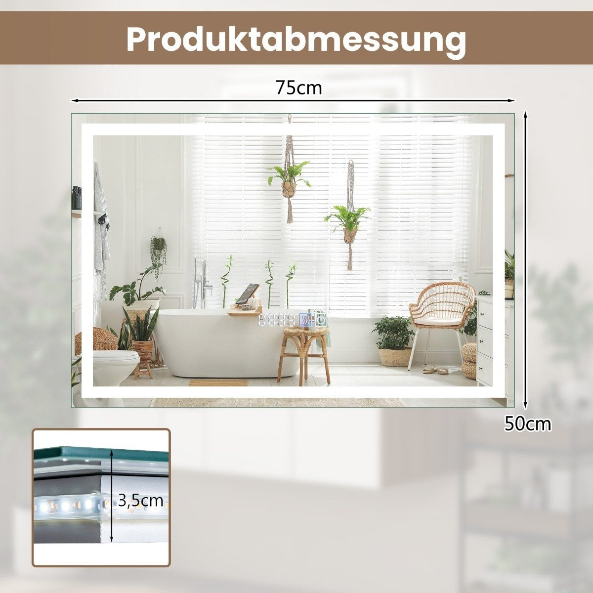 Bathroom mirror with anti-fog clock touch switch & memory function mirror heating LED mirror dimmable 3000K-6000K 75 x 50 cm