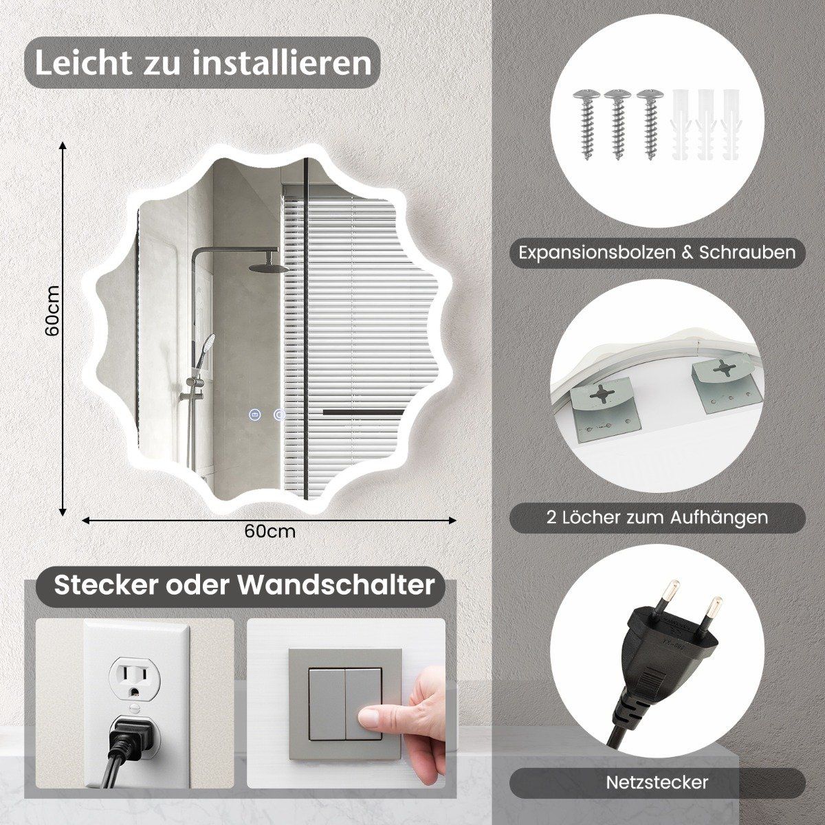 Bathroom mirror with anti-fog mirror heating wave design LED mirror wall mirror 60 x 60 cm