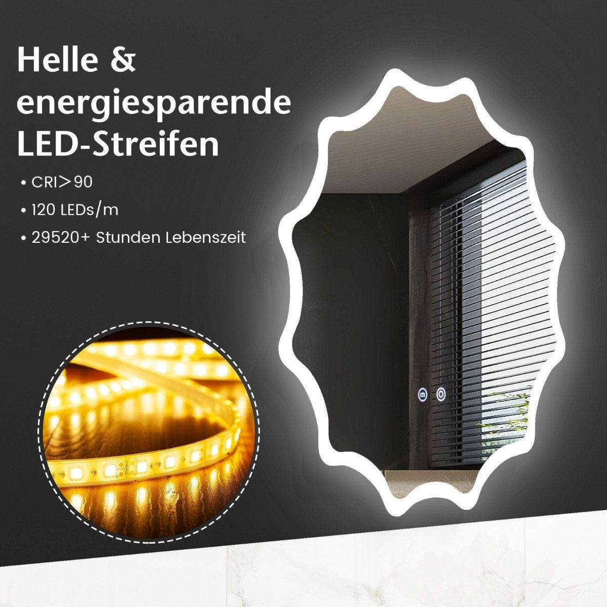 Bathroom mirror with anti-fog mirror heating wave design LED mirror wall mirror 60 x 60 cm
