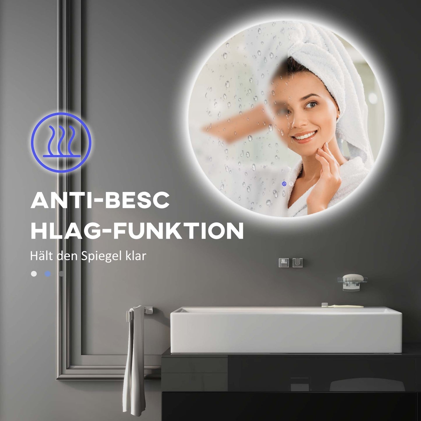 Round LED Bathroom Mirror, Touch Switch, Anti-Fog, 3 light colors
