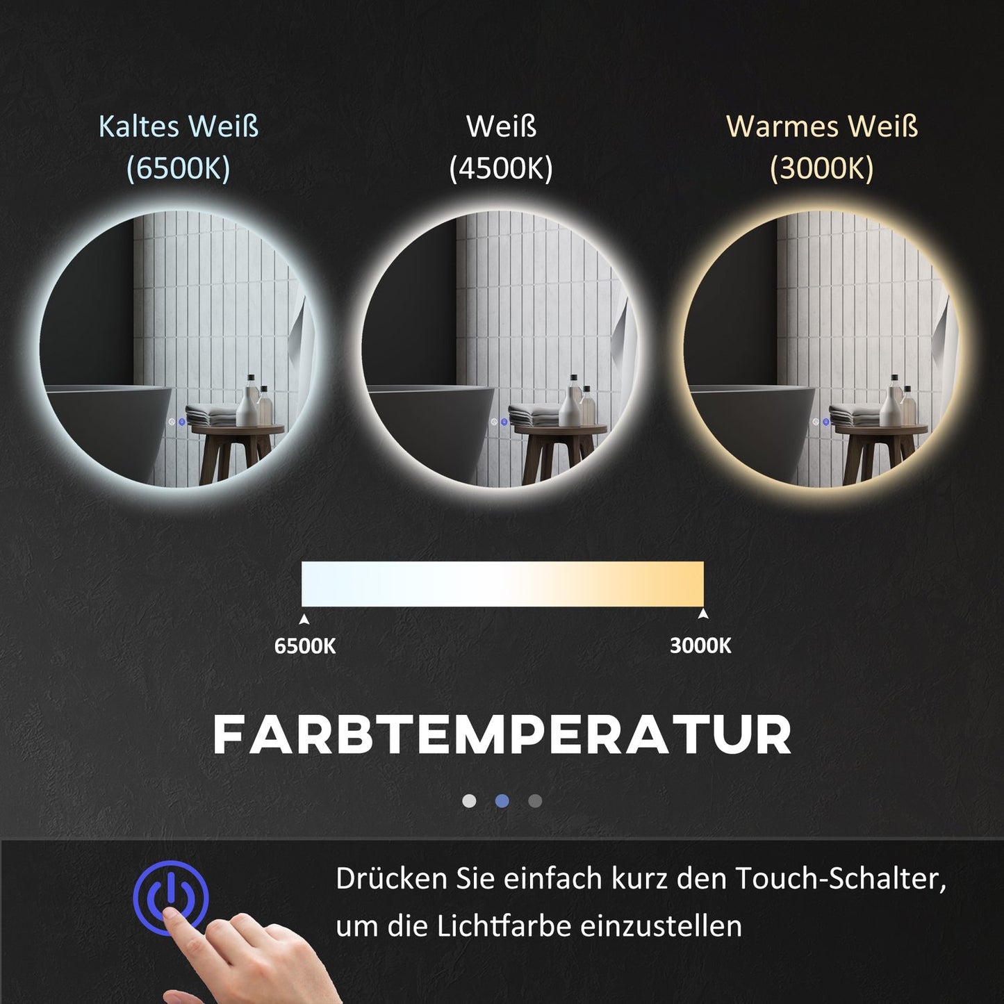 Illuminated bathroom mirror, Ø70 cm, Anti-Fog, Touch Switch