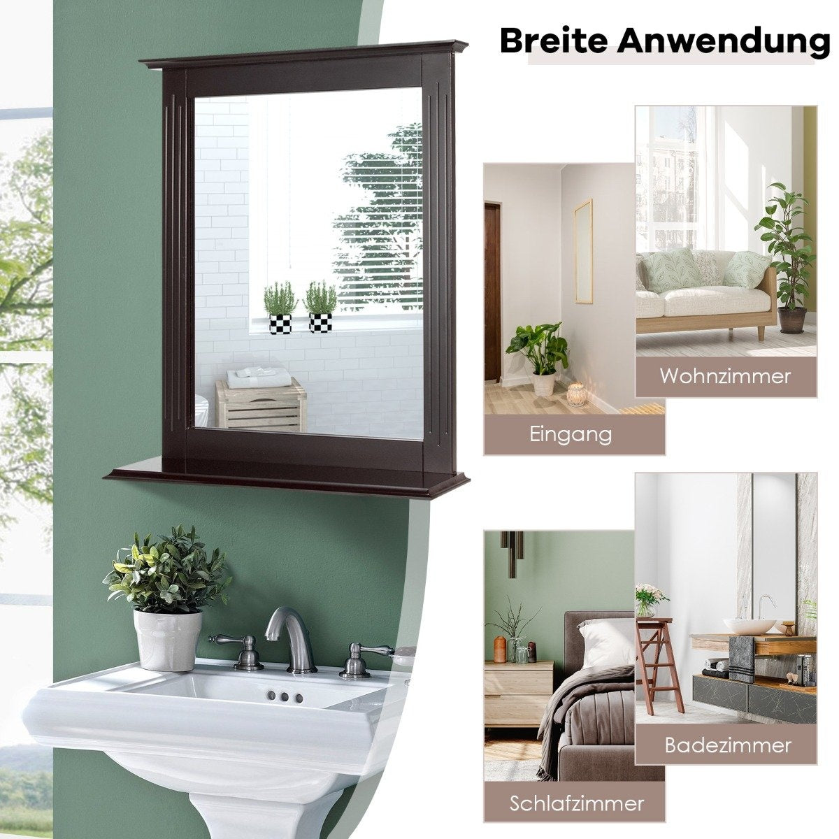 Bathroom mirror with shelf Rectangular bathroom mirror Wall mirror 68.5 x 57 x 12 cm Brown