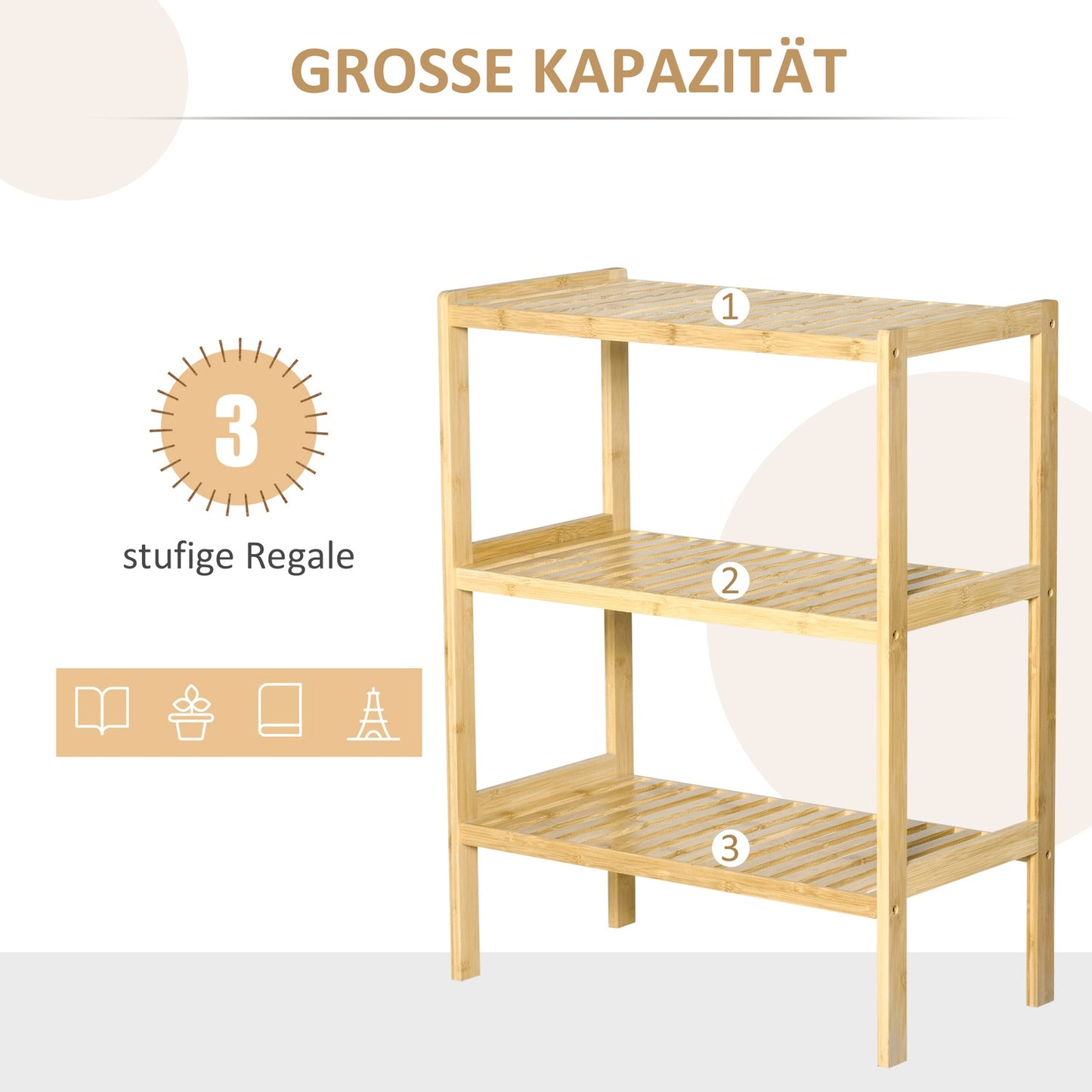 Bamboo 3-level shelf for bathroom, kitchen or living room